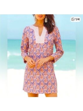 Cabana Life Tunic Dress Cover Up Blue Orange Coral Paisley Jaipur Print Medium